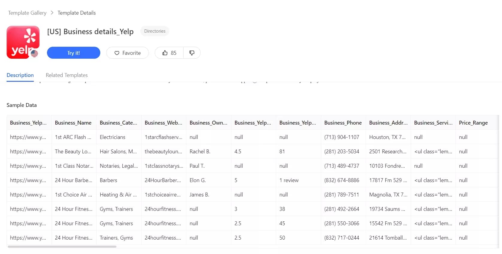 Modèle de scraper Yelp d'Octoparse
