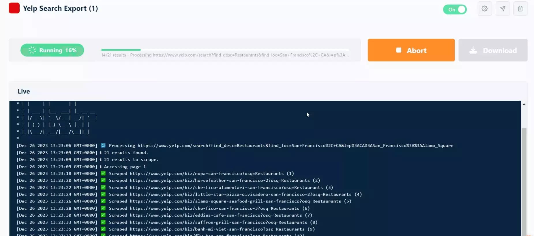 Yelp Search Export Live Console