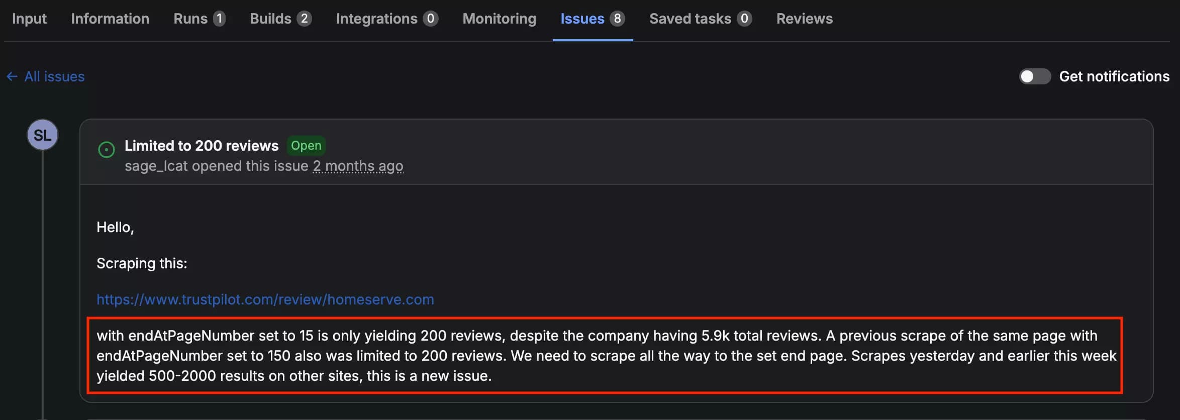 Apify pagination user report
