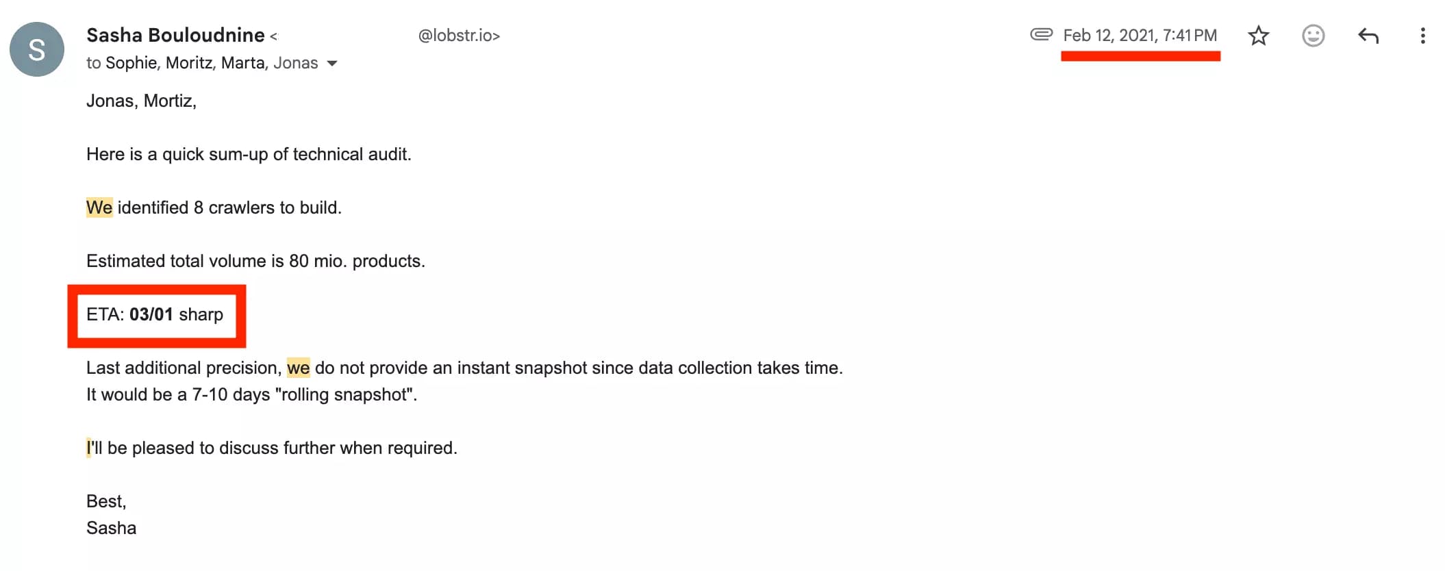 Email confirming the ETA and project scope