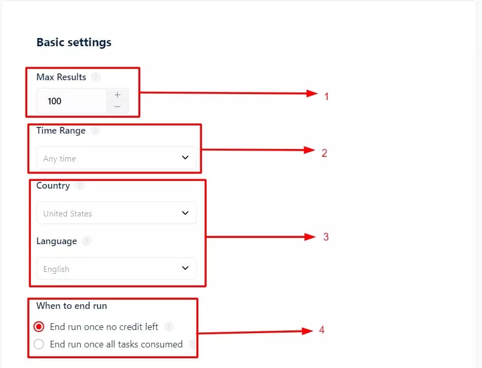 Paramètres de base de Google News Search Export