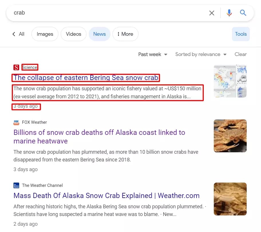 Data attributes highlighted in Google SERP page