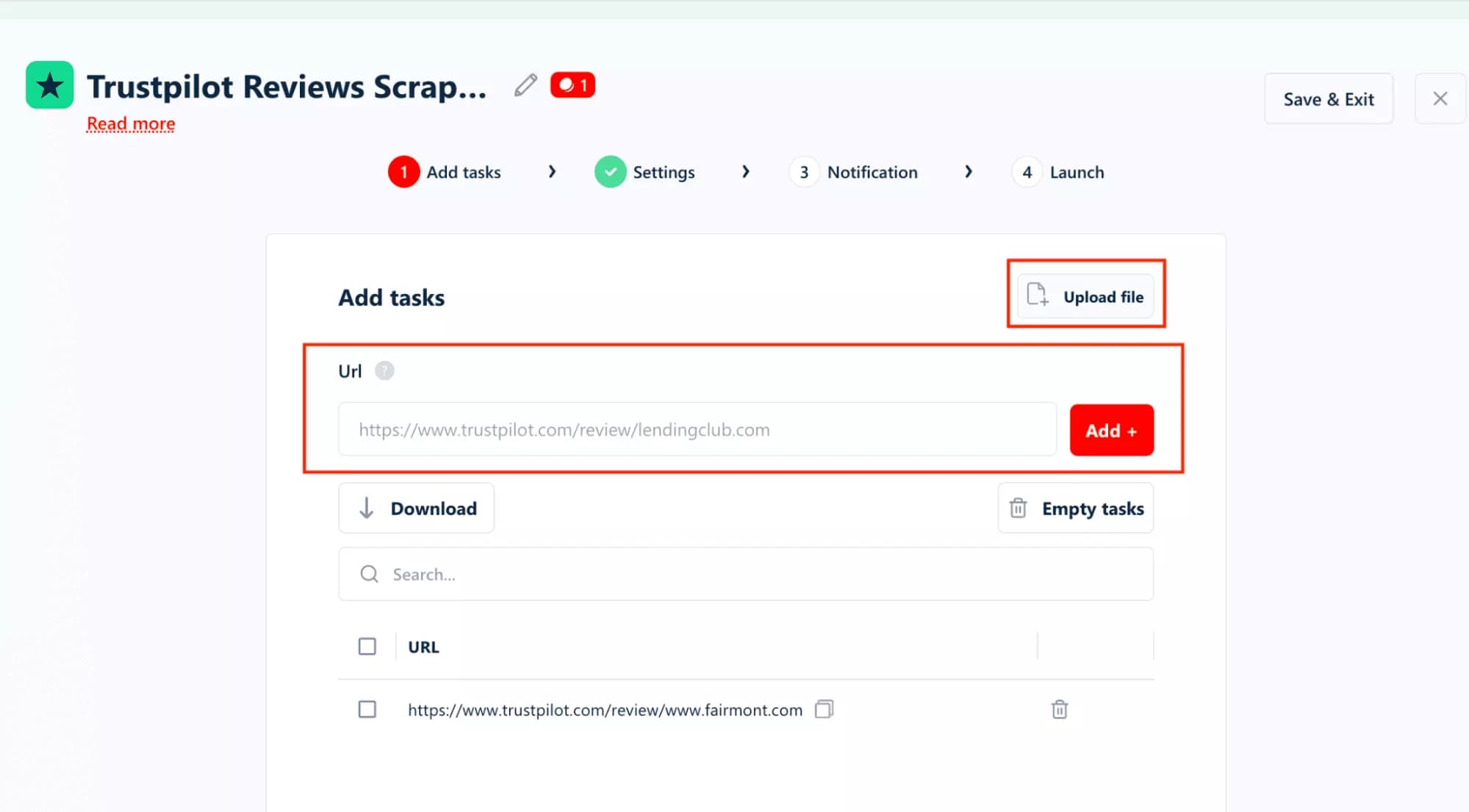 lobstr.io bulk URL and CSV upload interface