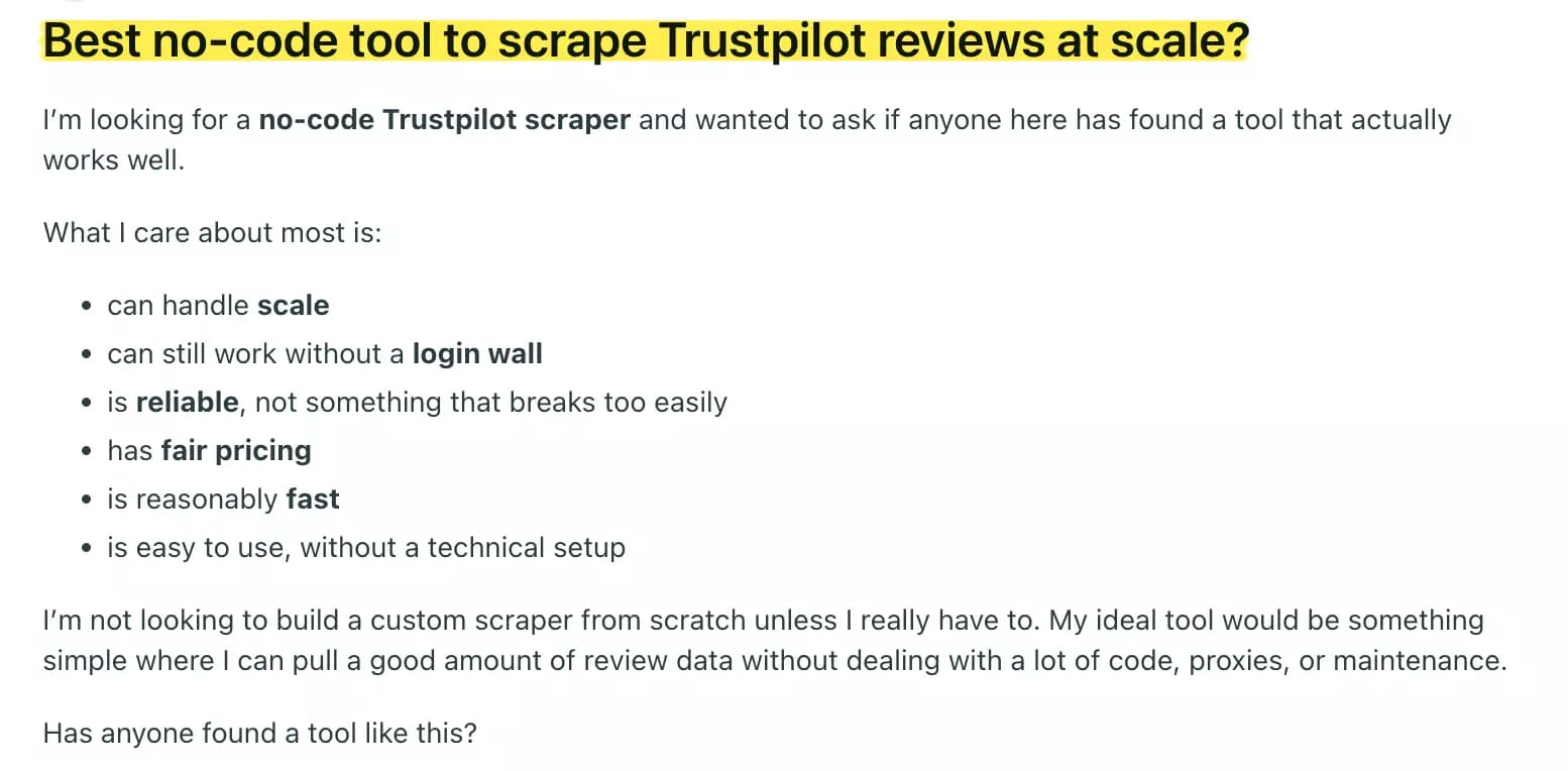 Community post asking about no-code Trustpilot scrapers at scale