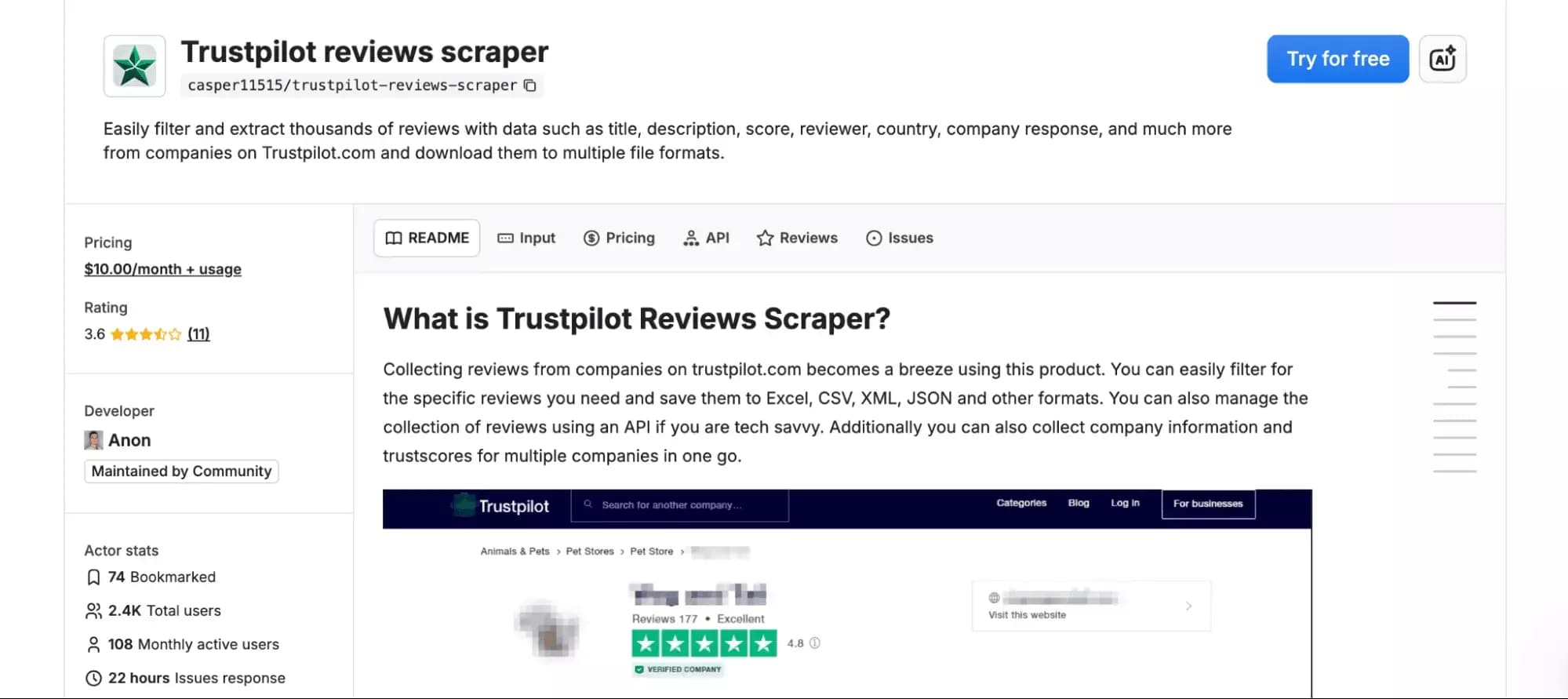 Apify Trustpilot scraper overview