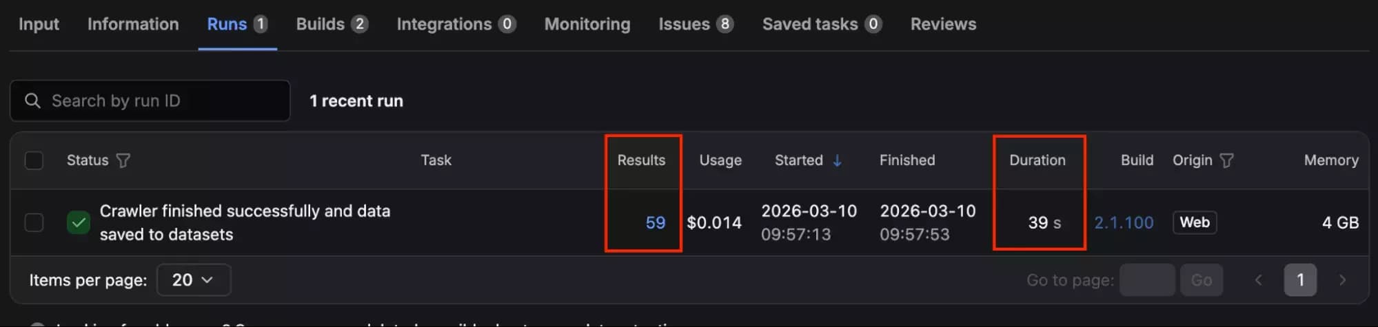Apify speed test result