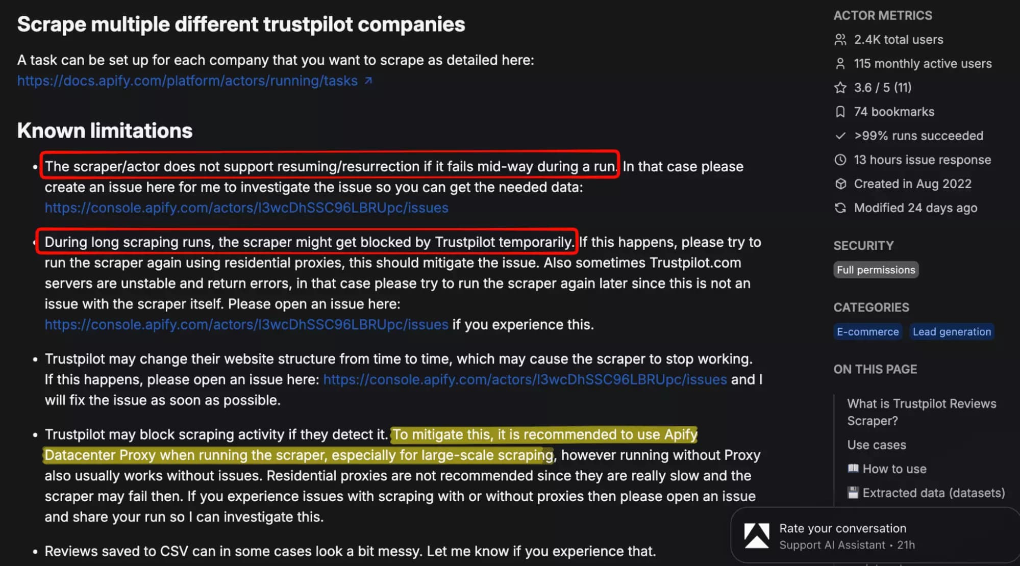 Apify — known limitations