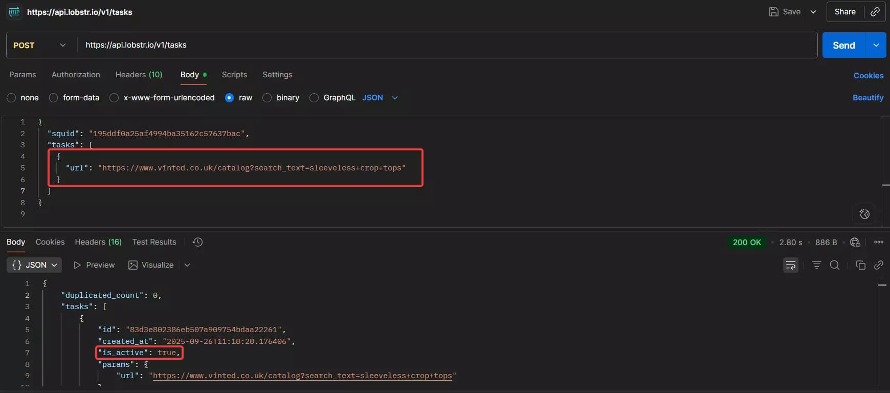 How to use Lobstr.io’s Vinted Product Scraper API? - Adding tasks