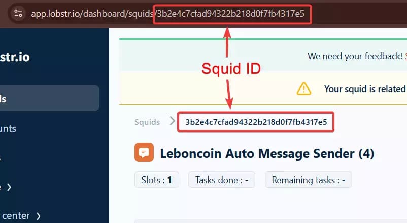 Comment déployer et configurer le bot Leboncoin Auto Message Sender ? - Mettre à jour les IDs du Squid et du compte dans le workflow image17