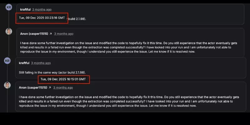 Apify support channels and closed issue response quality