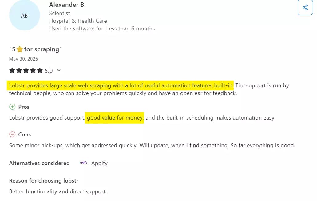 What do users say about Lobstr.io? - Affordability and scalability