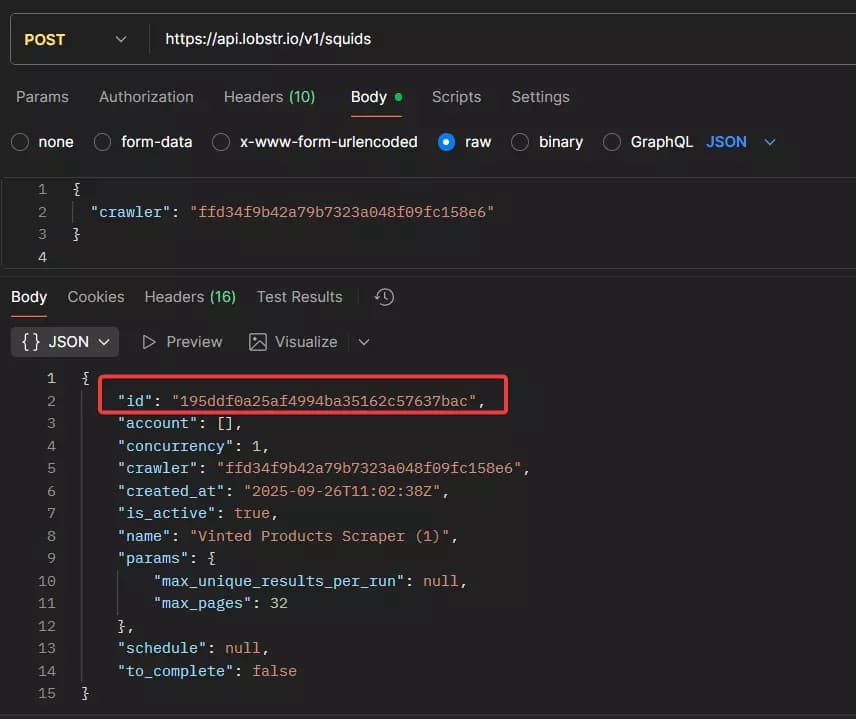 How to use Lobstr.io’s Vinted Product Scraper API? - Create a squid image21