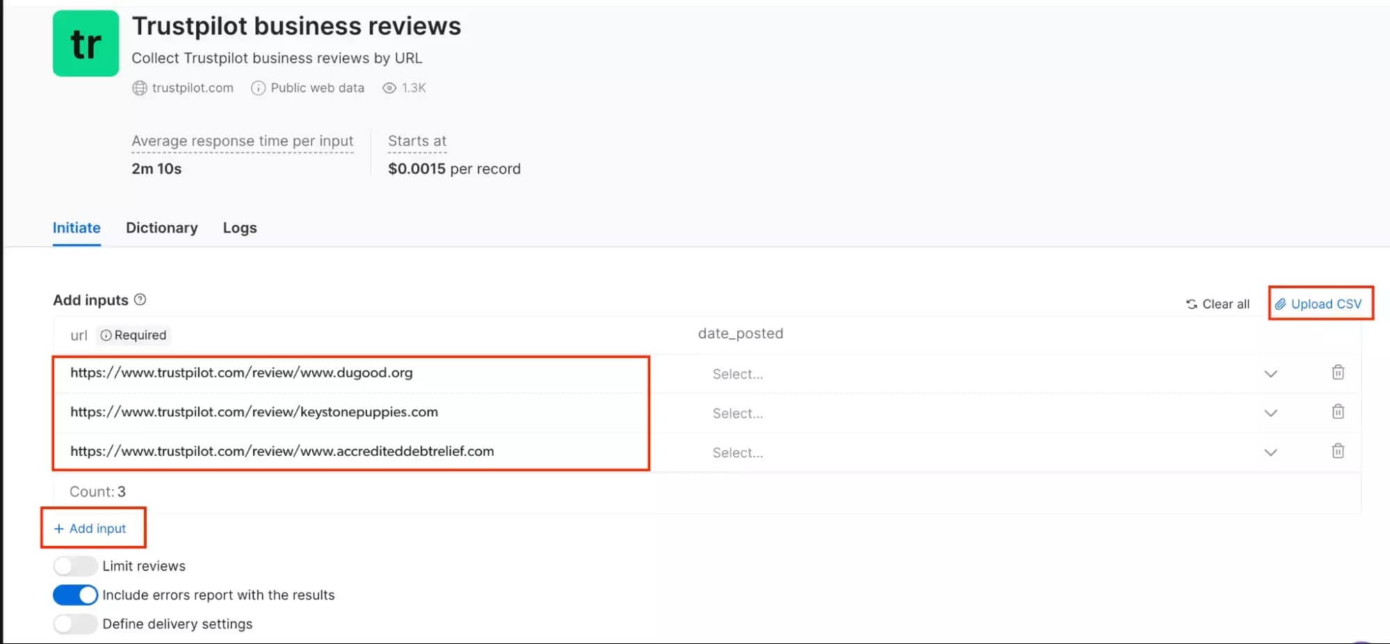Brightdata bulk URL and CSV upload interface