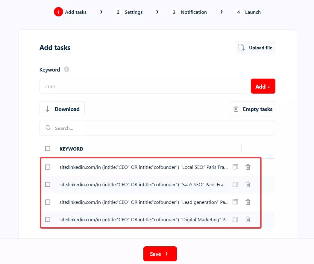 How to collect Google search results at scale with Lobstr.io - 2. Add tasks image18