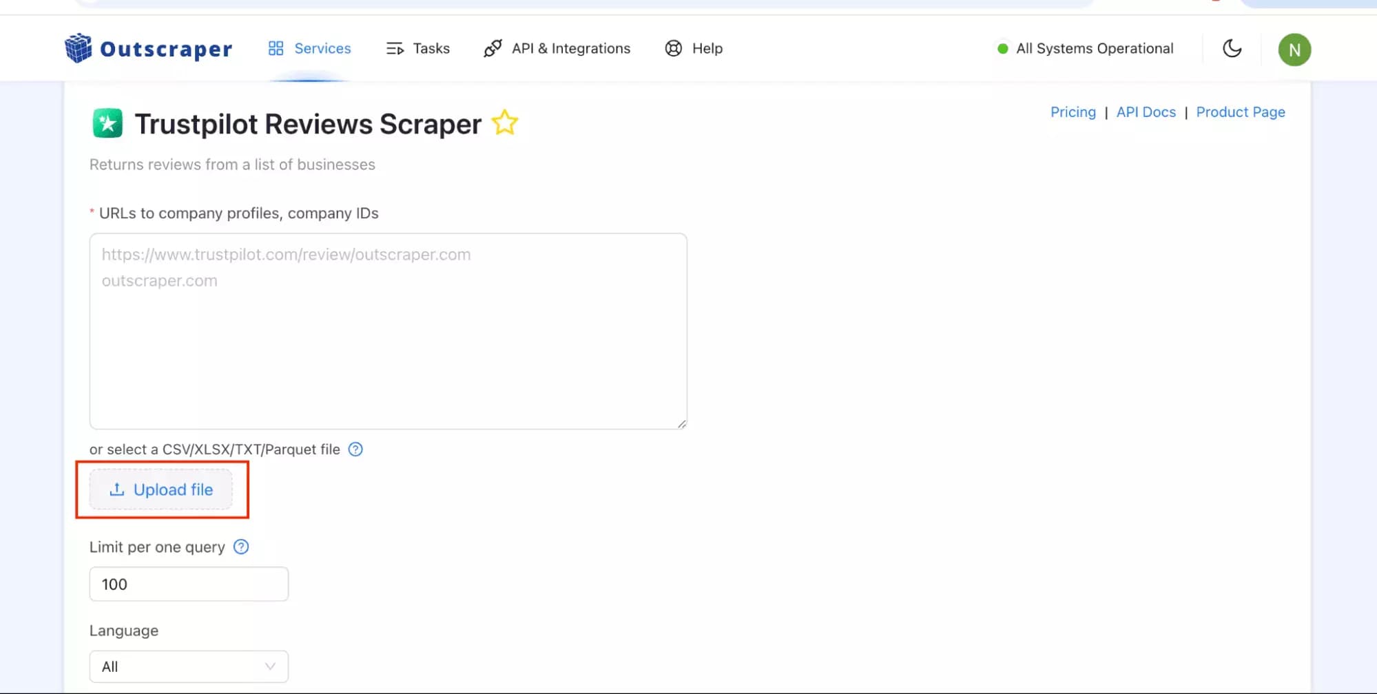 Outscraper bulk URL import interface