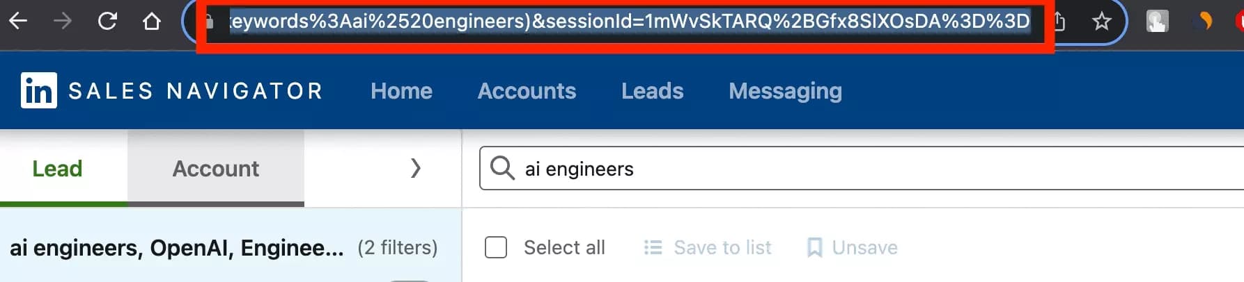 Highlighted LinkedIn Sales Navigator Leads Search URL from the browser