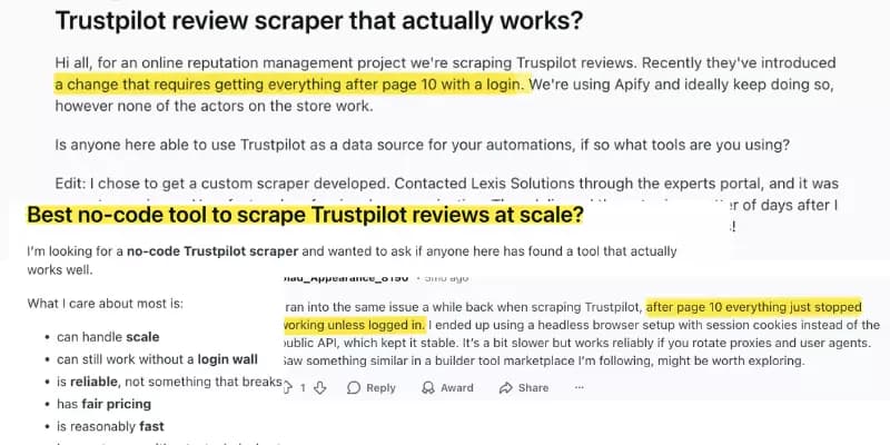 Reddit community post about struggling to find a reliable no-code Trustpilot scraper