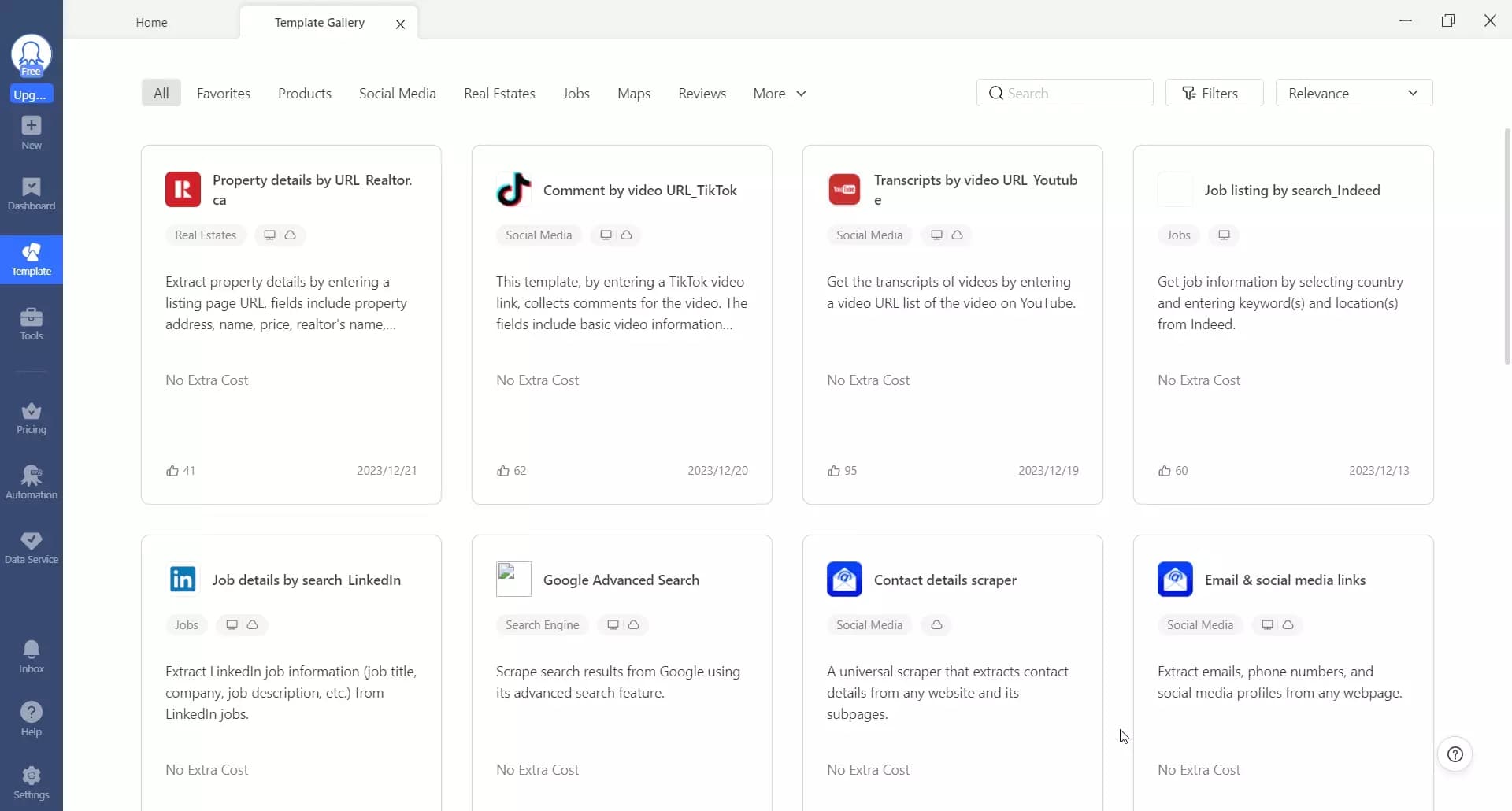 Octoparse Prebuilt scraping templates