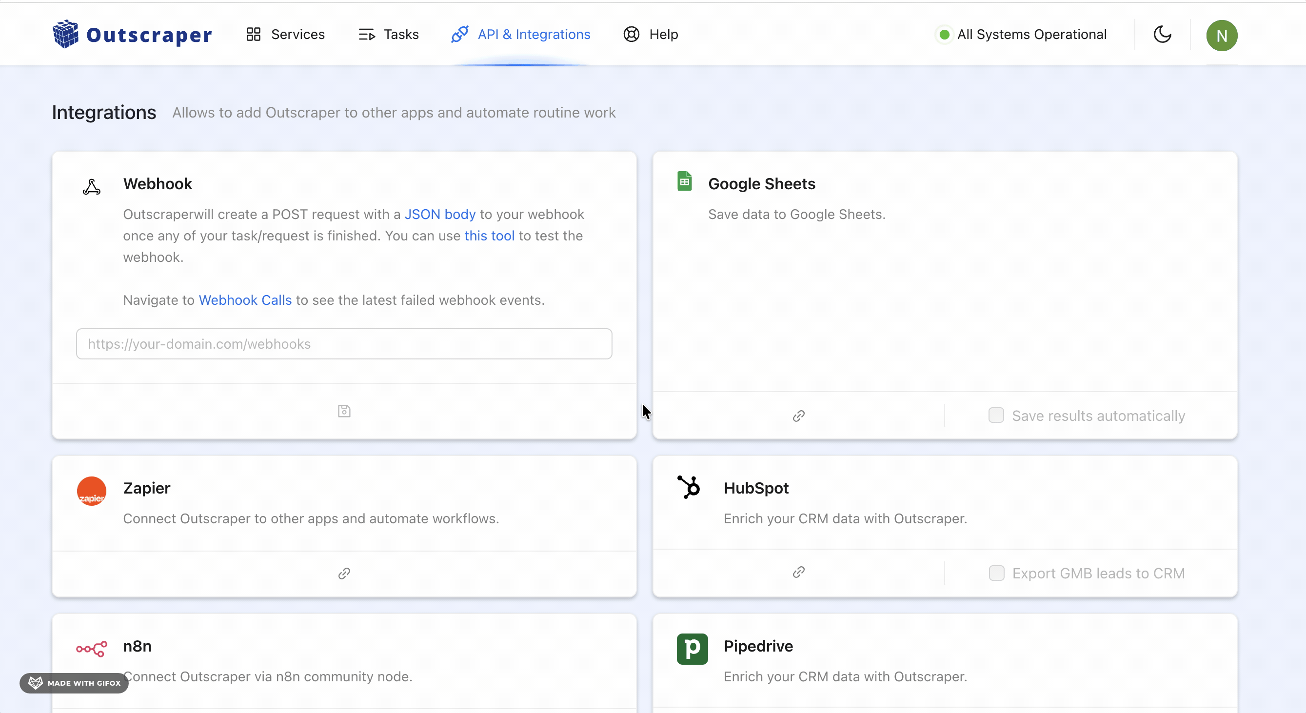 Outscraper integrations with Zapier, n8n, and Make.com
