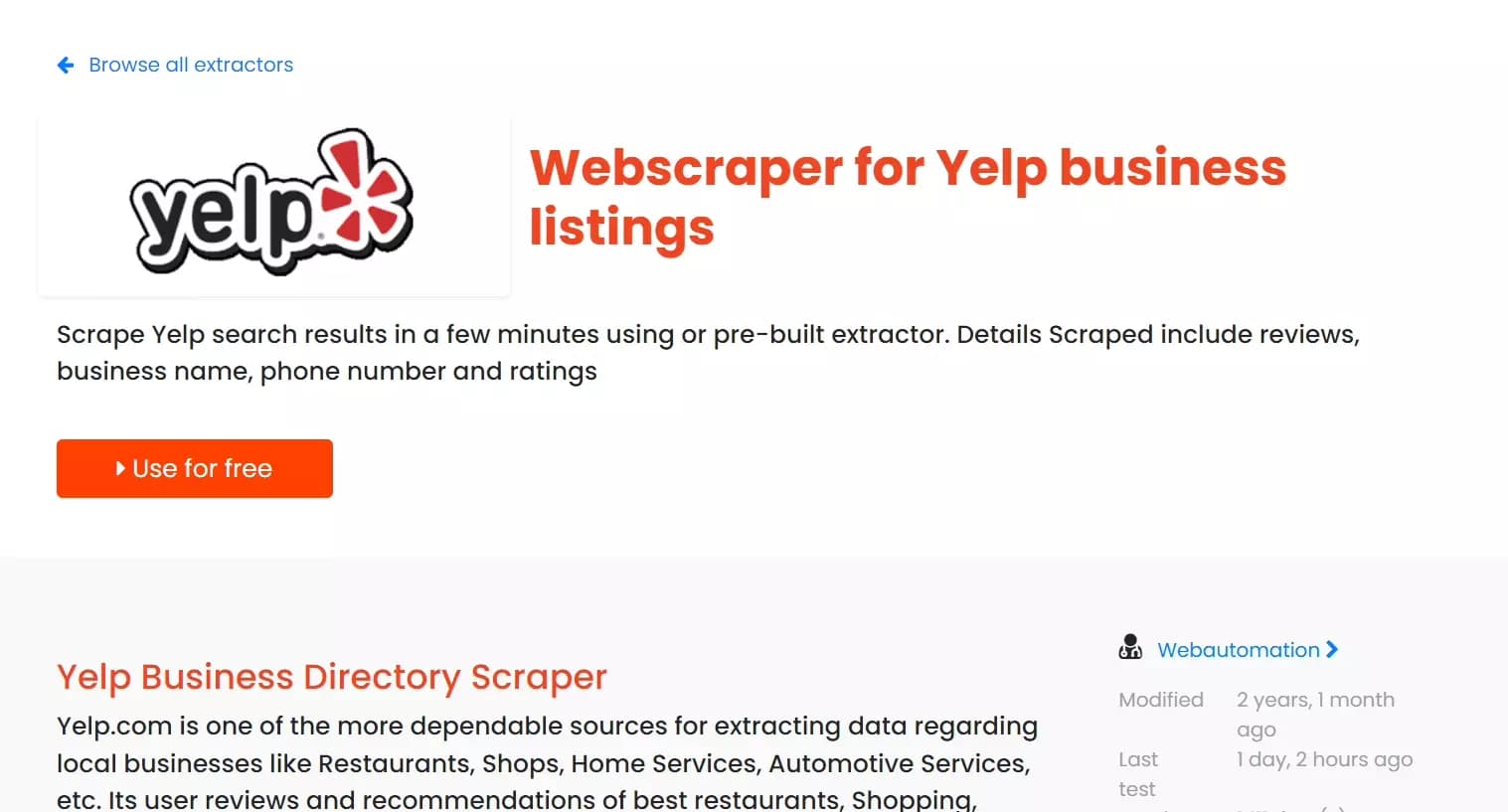 scraper Yelp Business Directory de Webautomation.io