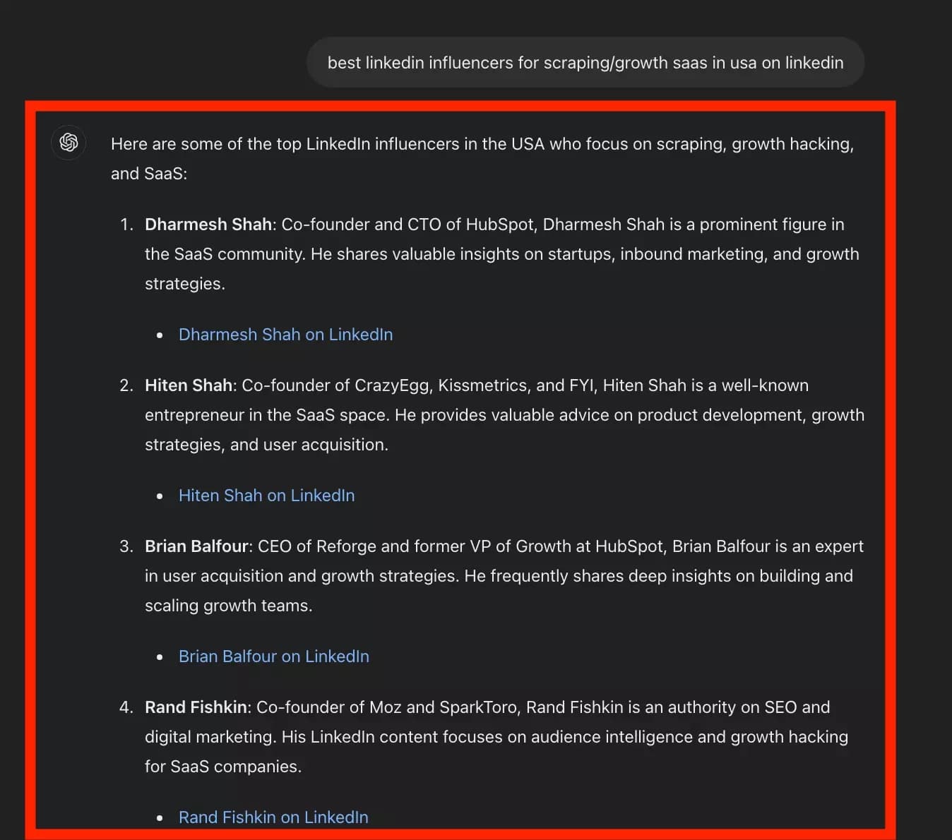 chat gpt list of niche linkedin influencers - image10.png