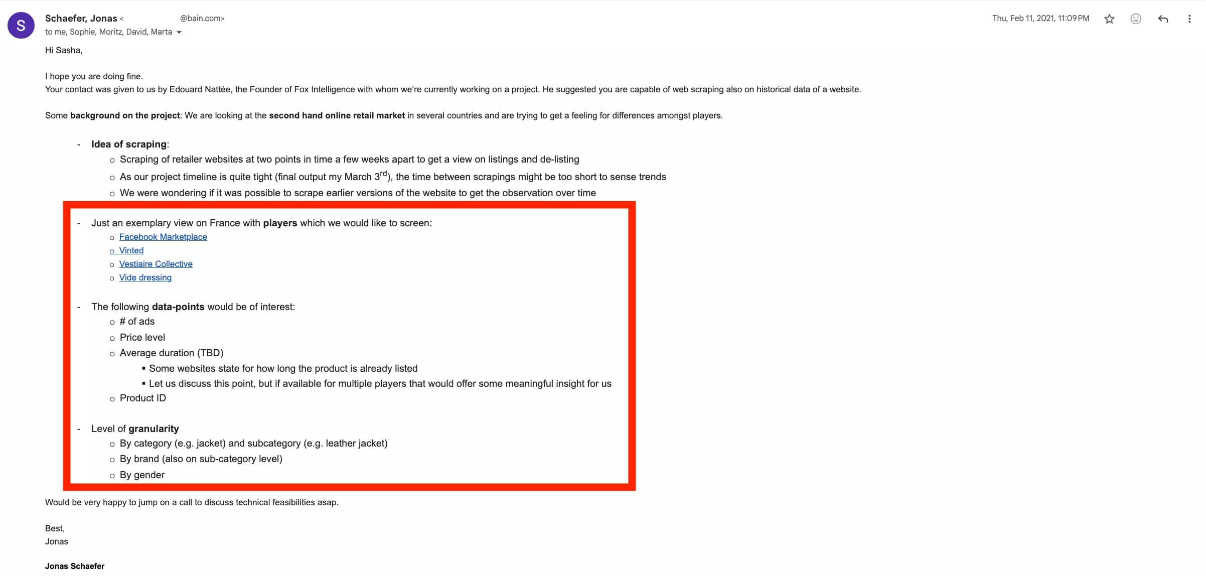 Email from Bain consultant outlining the scraping requirements