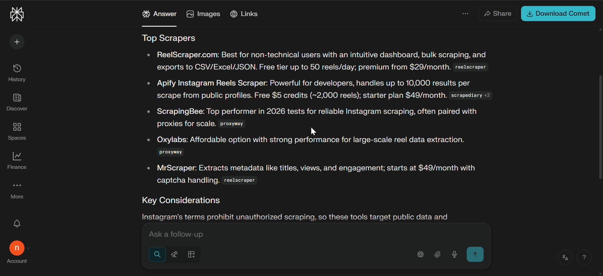 Research process for finding Instagram Reel scraper tools