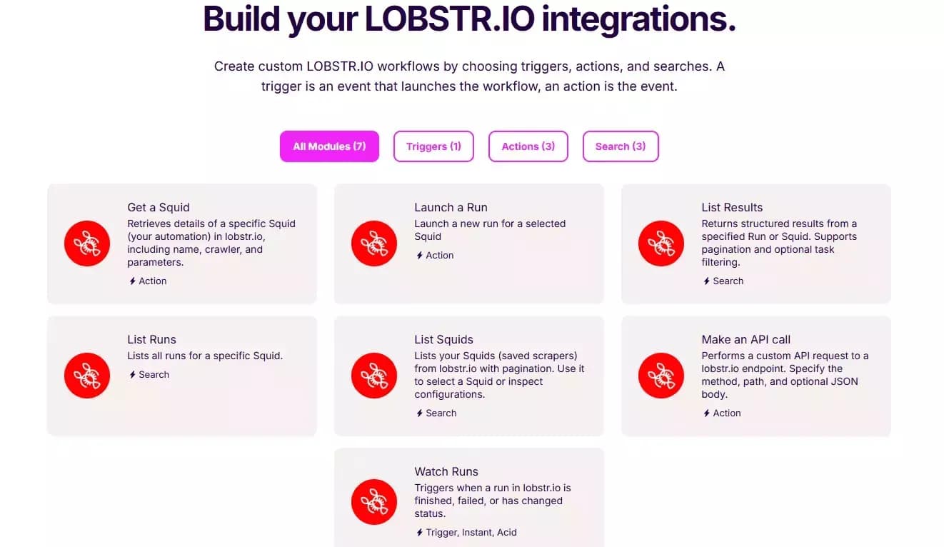 lobstr.io Make.com integration for 3,000+ app connections