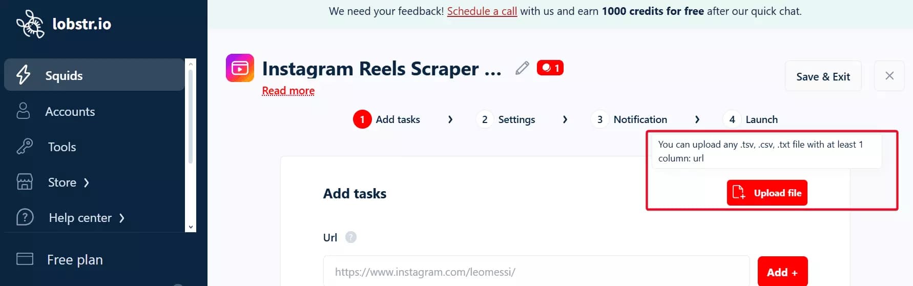 Lobstr.io CSV bulk upload interface