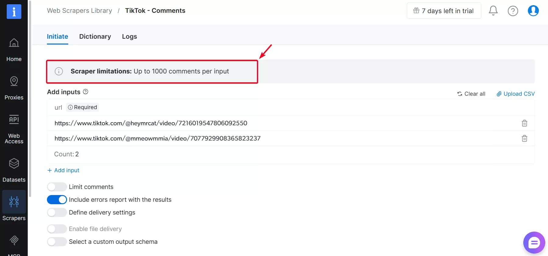 Bright Data 1,000 comments per post hard limit