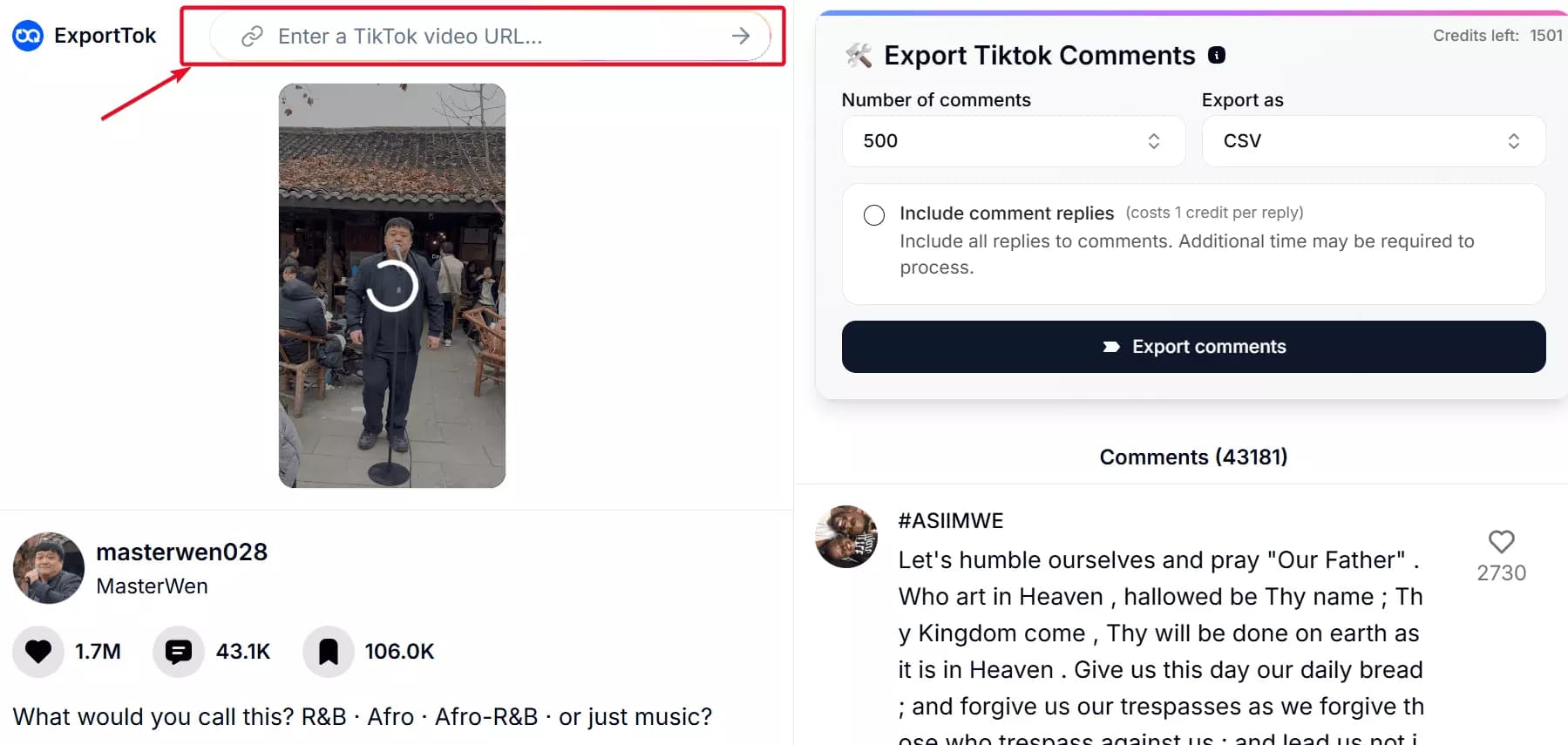 ExportTok single URL input β no bulk mode available