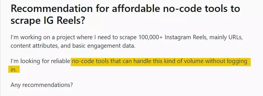 Community posts about Instagram Reel scraping challenges