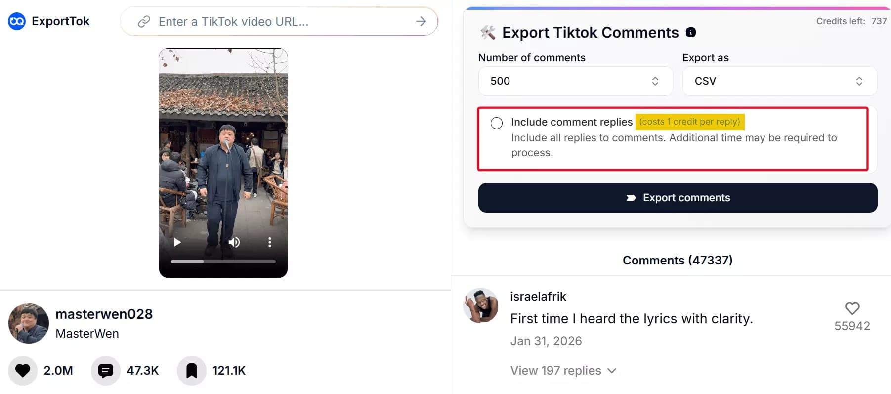 ExportTok credit consumption β replies count separately toward the limit