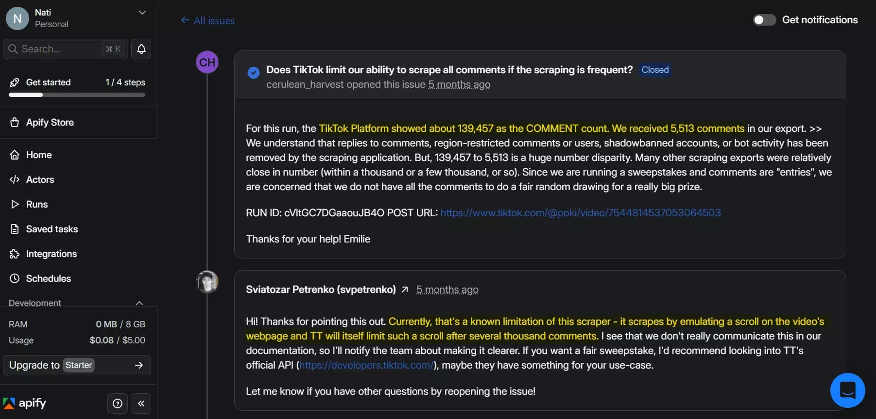 Apify known limitations when scraping at scale