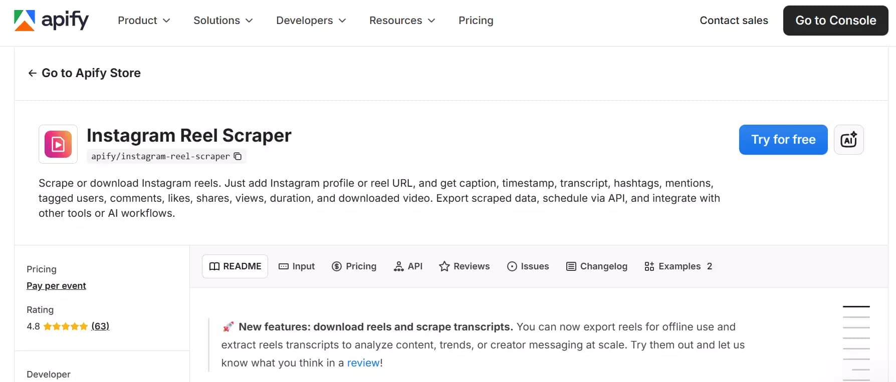 Apify Instagram Reels Scraper interface