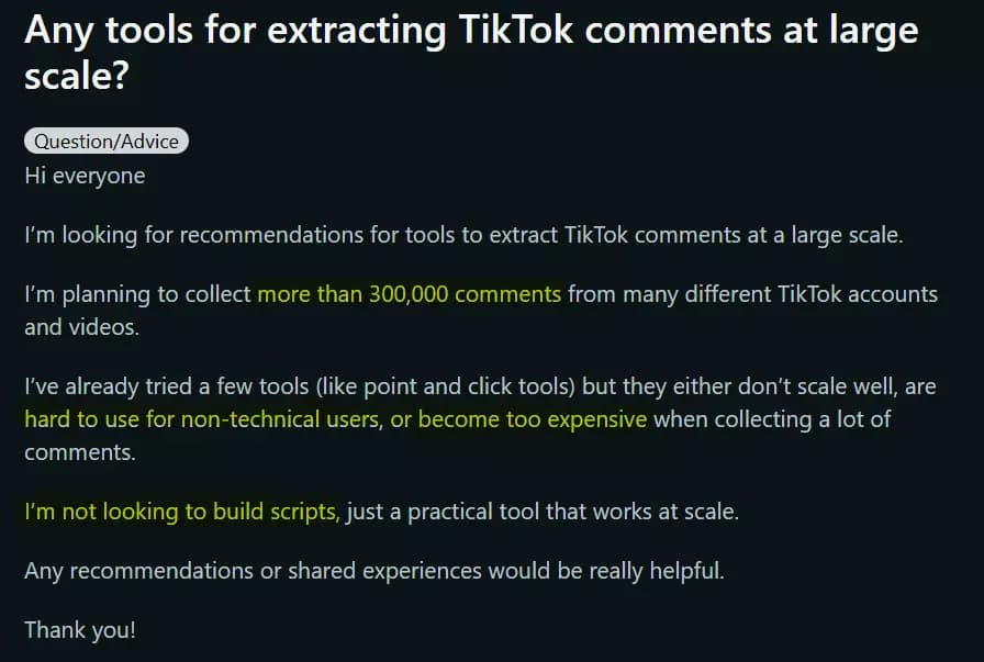Community post about struggling to find a reliable TikTok comment scraper at scale
