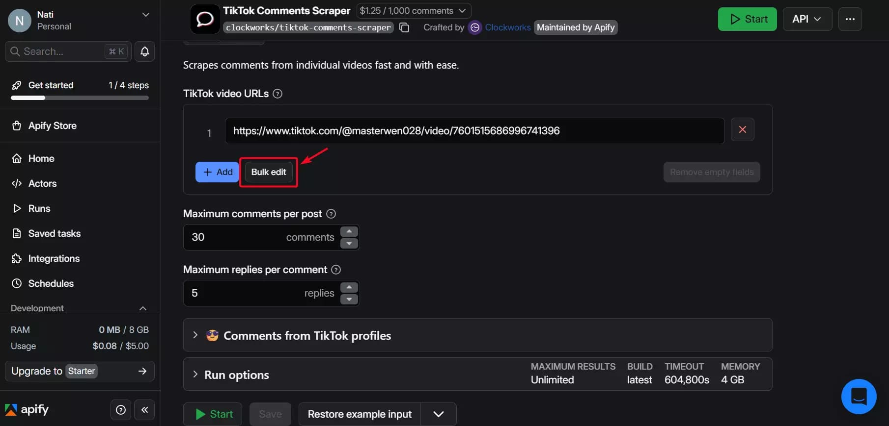 Apify multi-URL input interface for TikTok comment scraping