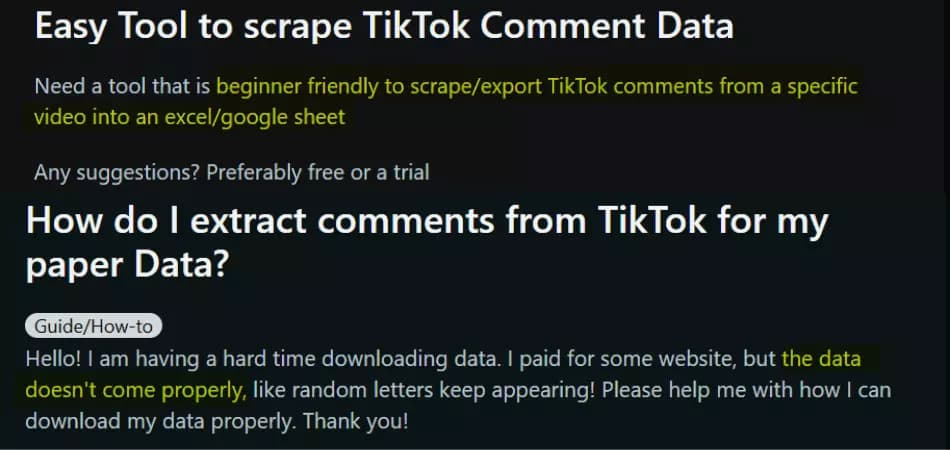 Community posts and user reviews highlighting TikTok scraper pain points