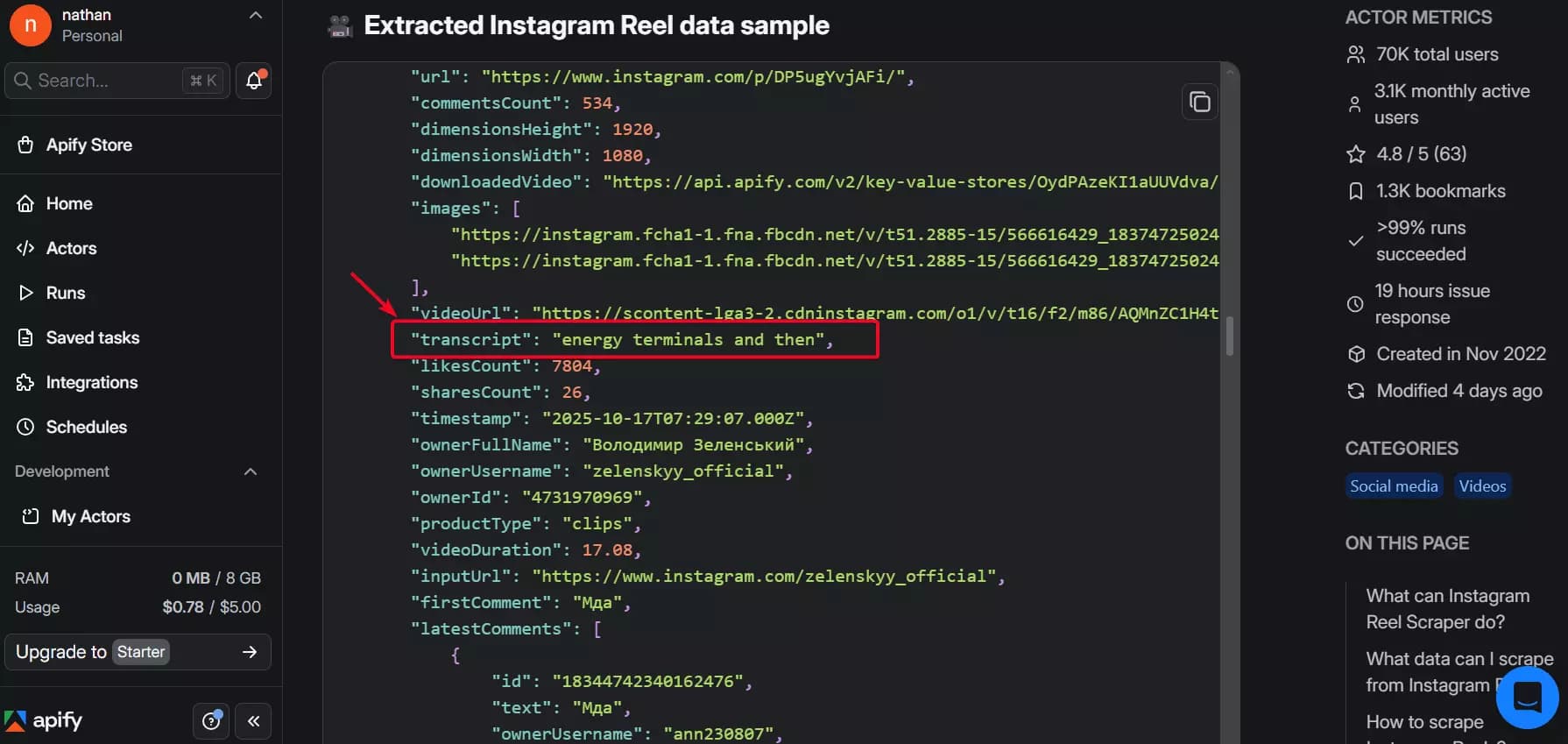 Apify transcript quality example