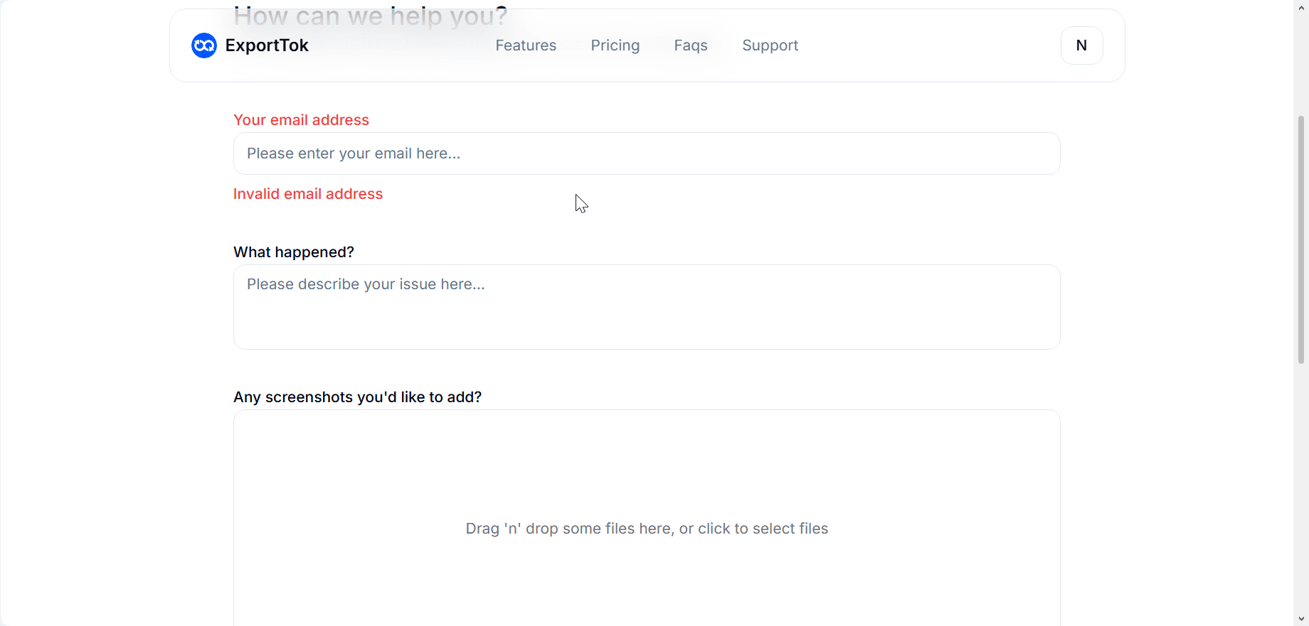 ExportTok email-based support contact form