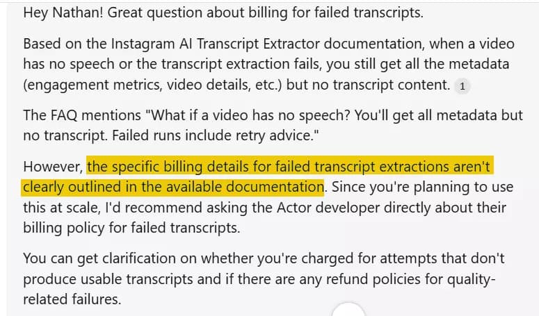 Apify support response about transcript billing