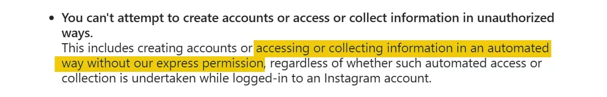 Instagram Terms of Use highlighting automated data collection prohibition