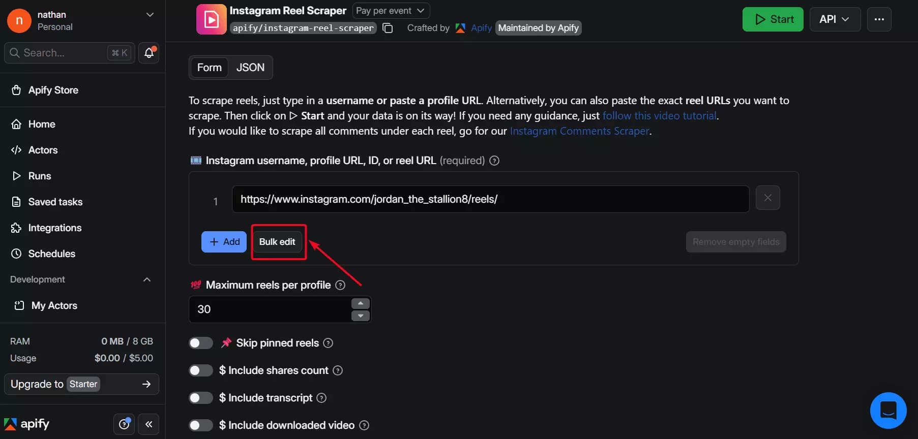 Apify bulk URL input interface