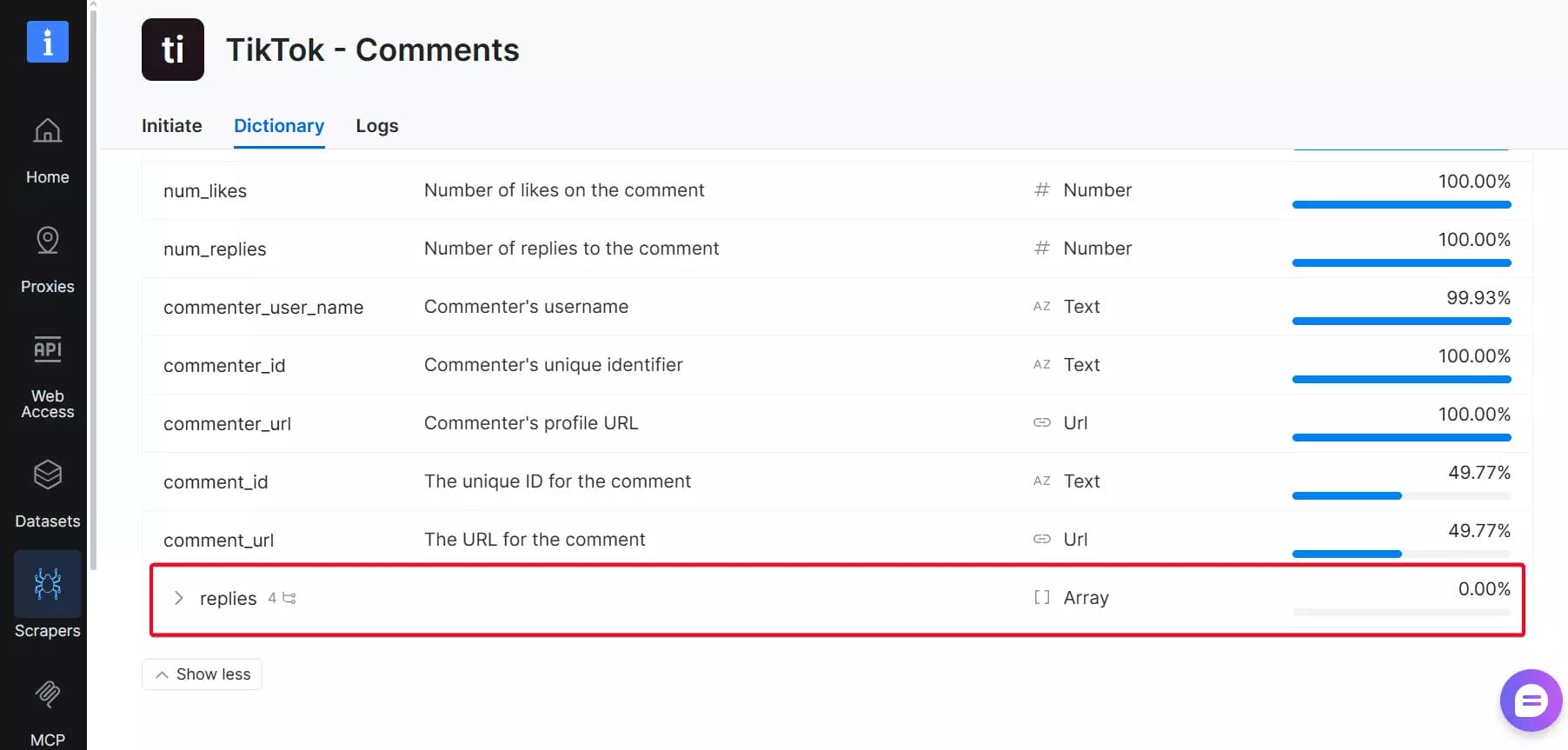 Bright Data output showing empty reply fields despite being enabled