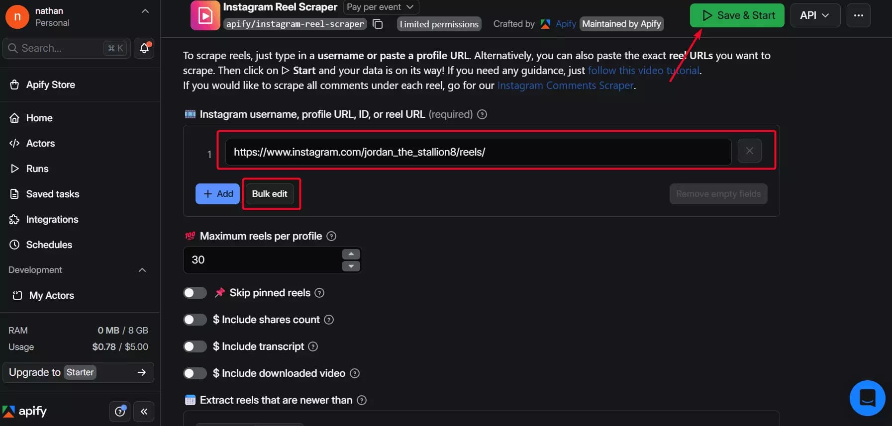 Apify scraper run interface