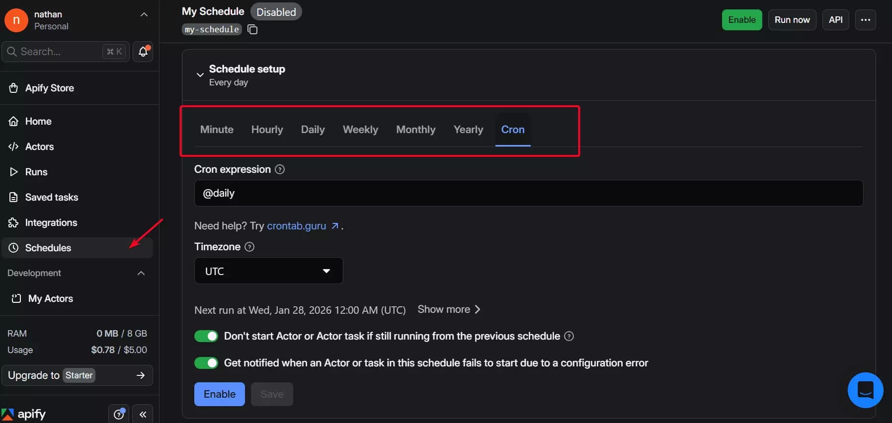 Apify scheduling configuration