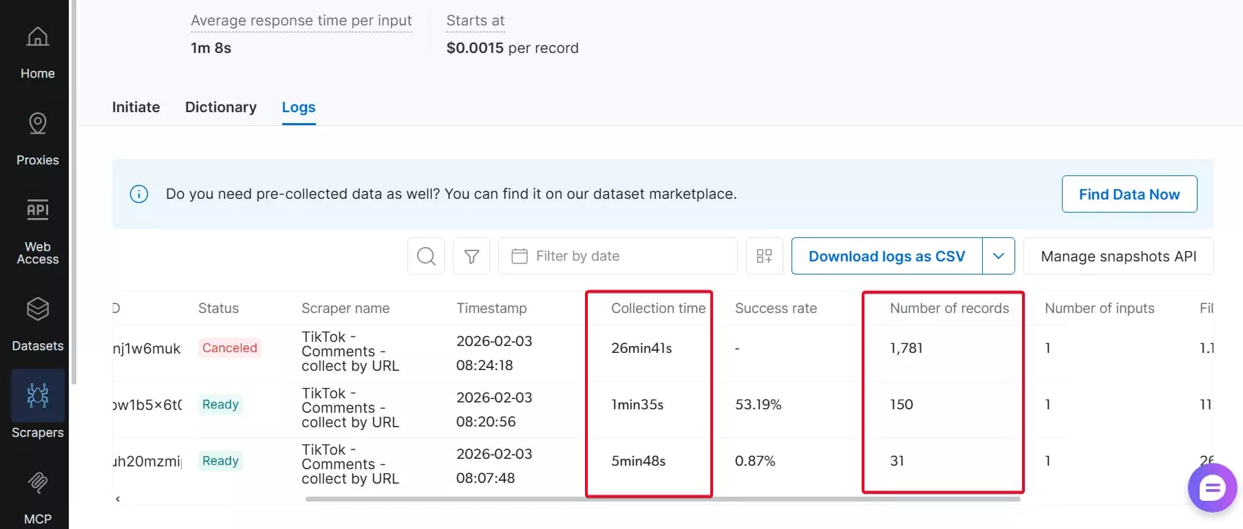 Bright Data speed test result β 50+ comments per minute