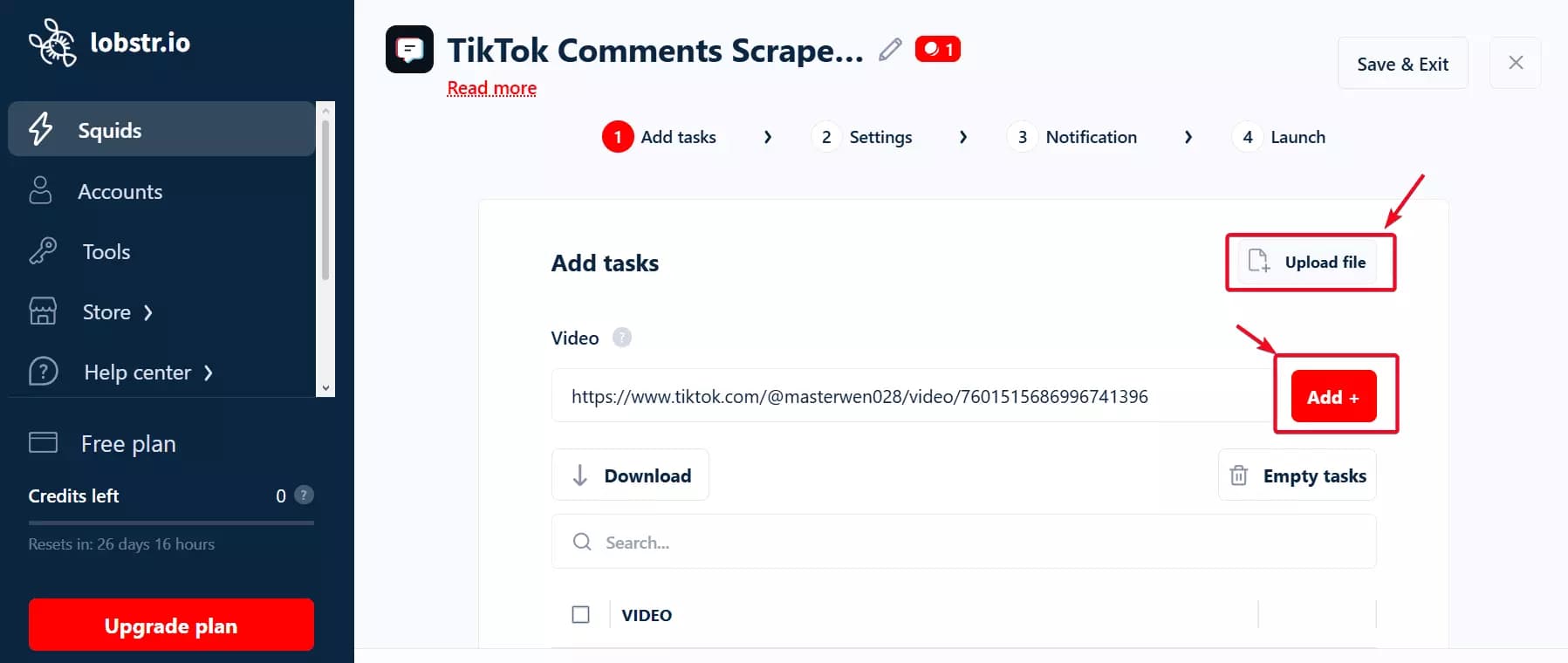 lobstr.io bulk CSV upload interface for TikTok video URLs