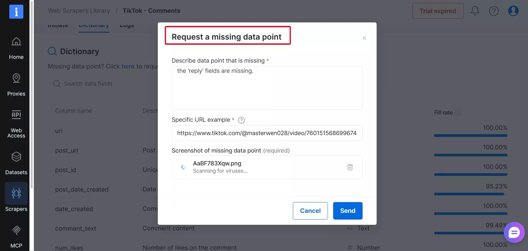 Bright Data support chat with no follow-up received