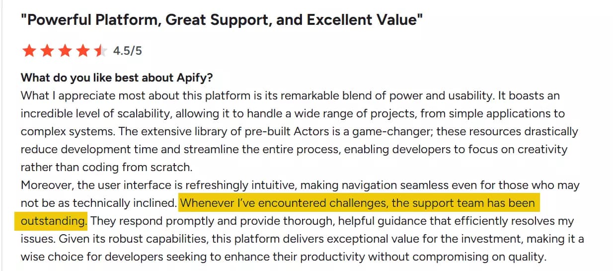 Apify customer support reviews